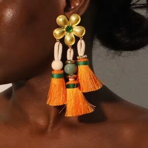 Large Green and Orange Flower Tassel Statement Earrings Floral Summer Chunky